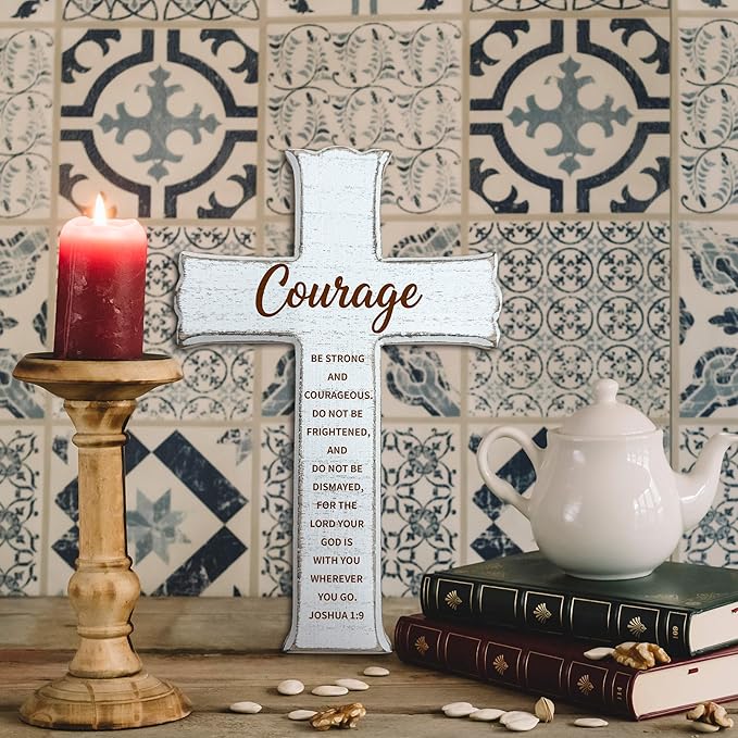 dsjaidh Cross Wall Decor - White Scripture Wooden Cross For Wall - Minimalist Wooden Hanging Signs Christian Easter Decor for Home Office Church Baptism - Christian Gifts for Men Women (Courage)- A02