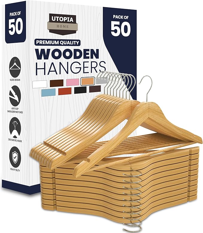 Utopia Home Premium Wooden Hangers 50 Pack - Durable & Slim Coat Hanger - Suit Hanger with 360-Degree Rotatable Hook - Wood Hangers with Shoulder Grooves (Natural Color)