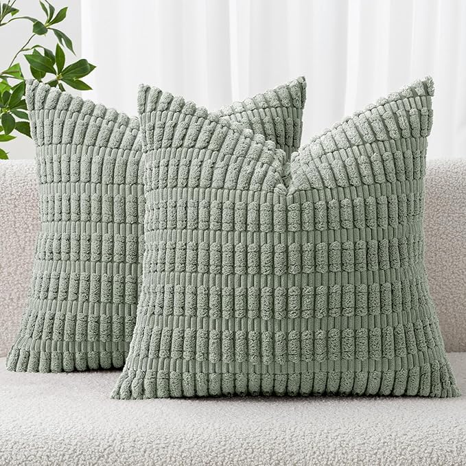 MIULEE Pack of 2 Spring Corduroy Decorative Throw Pillow Covers 12x12 Inch Soft Boho Striped Pillow Covers Modern Farmhouse Home Decor for Summer Sofa Living Room Couch Bed Greyish Green