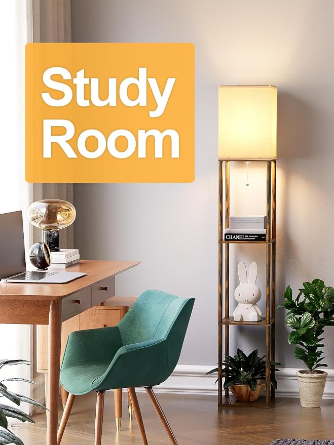 Floor Lamp with Shelves for Living Room Brown, Shelf Floor Lamp with 3 CCT LED Bulb, Corner Display Standing Column Lamp Etagere Organizer Tower Nightstand with White Linen Shade for Bedroom