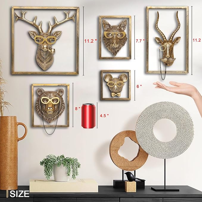 Newinhome Animal Heads Wall Decor (Includes Metal Frame) Resin Animals Sculptures Head Wall Hanging Decoration Gold vintage Wall Sculpture for Living Room Bedroom Office(Deer)