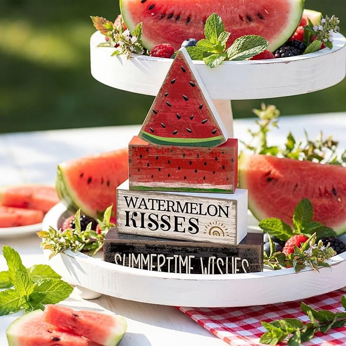 Lineshading 4 Pcs Summer Table Decor Wooden Watermelon Tiered Tray Decor Rustic Farmhouse Watermelon Block Signs Gifts Summer Tabletop Centerpieces for Home Kitchen Coffee Bar Decorations