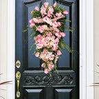 21.65In Spring Teardrop Swag, Artificial Floral Swag with Green Leaves, Easter Teardrop Wreath Front Door Swag, Decorative Teardrop Garland for Front Door Porch Wall (A)