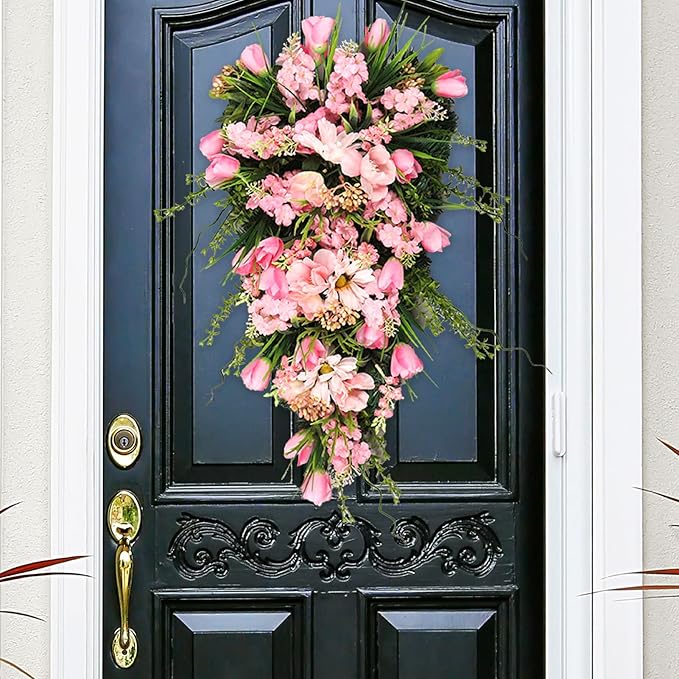 belupai 21.6in Artificial Flower Teardrop Swag, Decorative Swag with Green Leaves and Fake Flowers, Faux Tulips Floral Swag for Spring Summer Indoor Outdoor Window Decor (Pink)