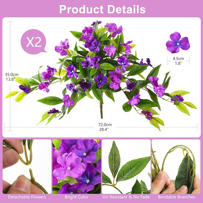 Artificial Flowers for Outdoor, 2 Bundles UV Resistant Fake Plants Decoration Realistic Faux Silk Flowers No Fade Plastic Flowers for Outside Planters Home Porch Patio Yard Garden Decor