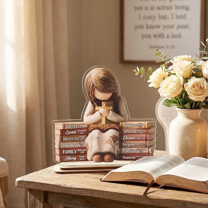 KATINAT Christian Gifts for Women, Bible Verse Desk Decor, God Says I Am Decorative Sign, Inspirational Religious Tabletop Plaque for Office Desk, Home, Prayer Room, Mother’s Day for Her