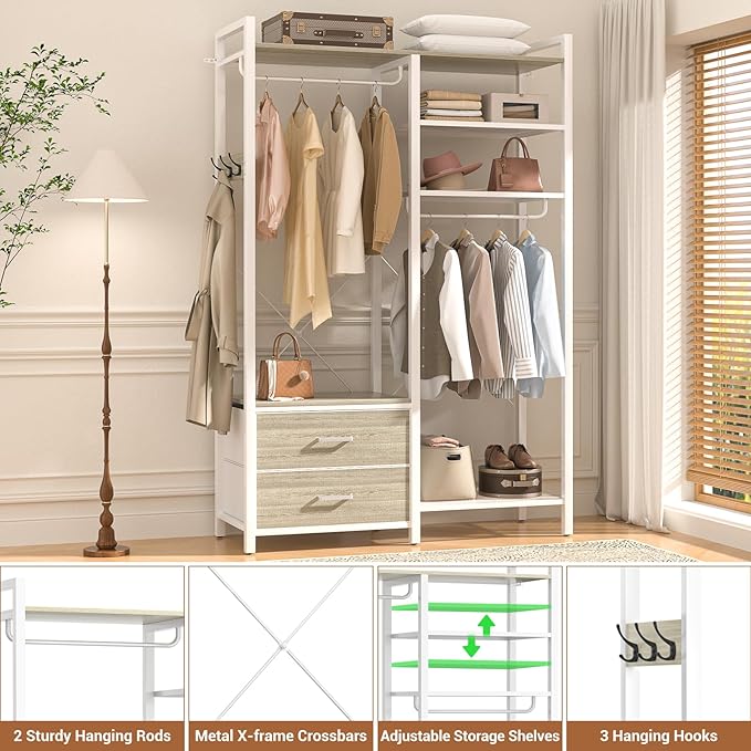 78.7'' Clothes Rack for Hanging Clothes - Reversible Clothing Rack with 2 Drawers, Heavy Duty Garment Racks with Shelves, 6 Tiers Freestanding Closet Wardrobe System with Hanging Hooks, White Oak