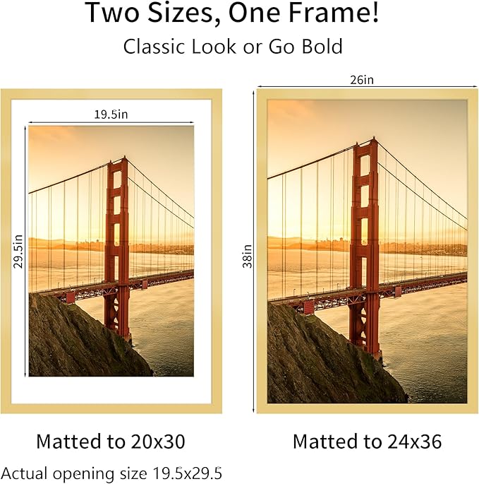 24x36 Picture Frame Gold Set of 3, Display Pictures 20x30 with Mat or 24 x 36 Without Mat, Poster Frames 24x36 for Wall Hanging Horizontal and Vertical