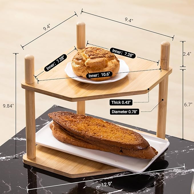 3-Tier Expandable Bamboo Corner Shelf - Dish/Plate Organizer for Cabinet, Kitchen Counter Shelf & Small Kitchen Shelf, Adjustable (6.7" H-2PC, 2-Tier)