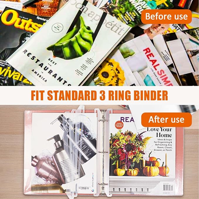 tutata 24Pcs 3 Hole Punched Magazine Holders, Magazine Organizer, 3 Ring Binder Insert Strips, Translucent White