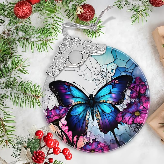 Stained Glass Suncatcher Ornament - Butterfly Christmas Decorations - Christmas Ornaments for Tree - Holiday Present Ideas - Gift Exchange