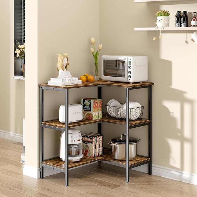 VECELO Corner Cabinet Table with 3 Tier Open Shelf, Multipurpose Display Organizer Storage Stand for Small Space Home Office Kitchen, Brown