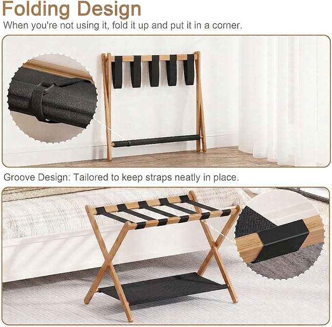 2 Pack Bamboo Luggage Rack for Guest Room, 26.77" Folding Wide Suitcase Stand with Fabric Storage Shelf, Thickened Luggage Stand Holder for Bedroom Hotel, Luggage Rack for Suitcases (2 Pack - Tea brown)