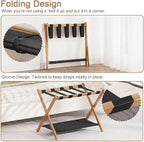 Bamboo Luggage Rack for Guest Room, 26.77" Folding Wide Suitcase Stand with Fabric Storage Shelf, Thickened Luggage Stand Holder for Bedroom Hotel, Luggage Rack for Suitcases (1 Pack - Tea brown)