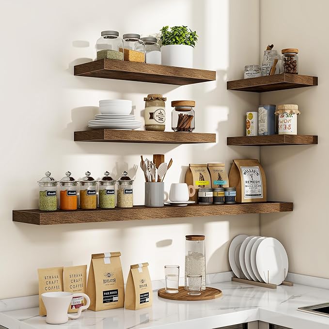 Acovy 24 Inch Floating Shelves, 3D Textured 24"x9.25"x1.5" Inch Deep Floating Shelves for Wall, Wooden Shelves for Bathroom, Bedroom, Living Room, Brown, 2 Pieces