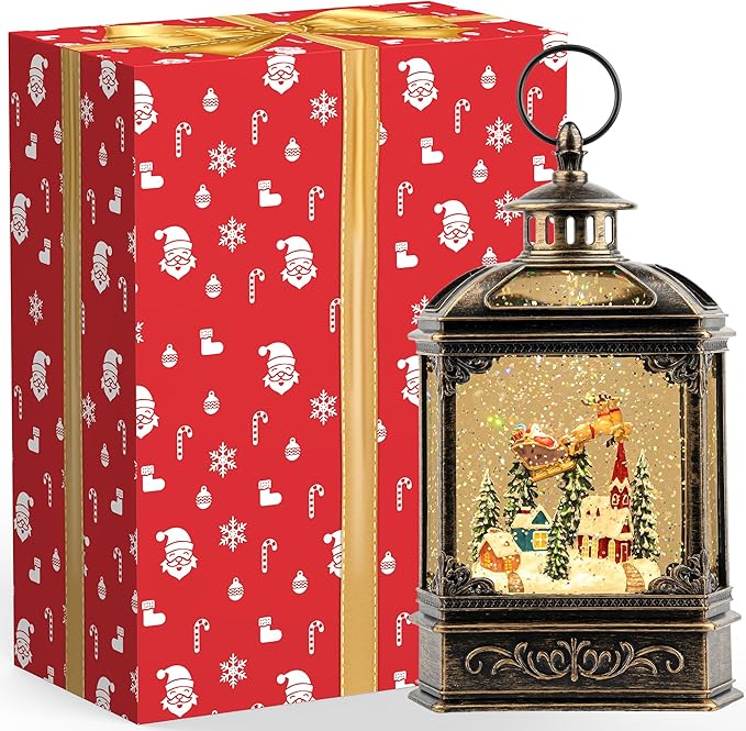 Christmas Snow Globe Swirling Glittering Lantern Santa Flying with Reindeer, USB Lined/Battery Operated Lighted Water Lantern for Christmas Festival Decoration Gifts