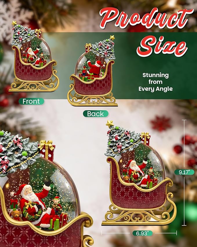 Christmas Snow Globes Christmas Lantern with 8 Songs, 9.17" Santa's Sleigh Snow Globe for Kids Adults, 6H Timer & Dual Power, Snowglobes Christmas Decorations Indoor, Gifts for Women Men