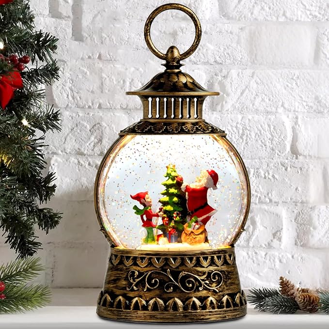 Christmas Santa Snow Globe, Christmas Musical Snow Globe Lantern Lights with 6H Timer Battery & USB Powered, Retro Style Holiday Glitter Globe for Xmas Home Decoration Holiday Party Gifts
