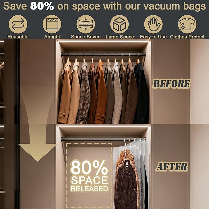 Hanging Vacuum Storage Bags,Hanging Vacuum Sealer Storage Space Saver Bags for Clothes, Suits, Coats, Dresses or Jackets, Reusable Compressed Vacuum Bags Closet Organizers,Long 5 Pack(53.1x27.6in)
