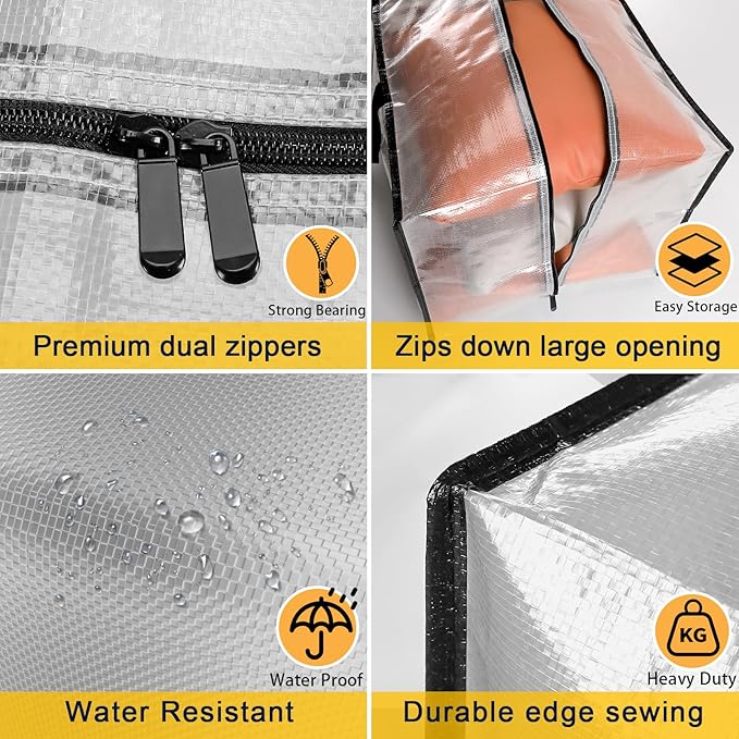 Clear Storage Bags with Zipper, Large Moving Bags Heavy Duty Extra Large, Plastic Storage Totes for Clothes, College dorm Packing Bag with Strong Handles