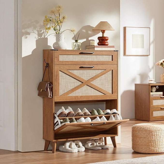 LEYAOYAO Shoe Storage Cabinet for Entryway with 2 Rattan Flip Drawers, Boho Narrow Shoe Cabinets for 16-20 Pairs Shoes with Large Drawers, Hidden Slim Shoe Rack with Wood Legs for Hallway, Tea Brown