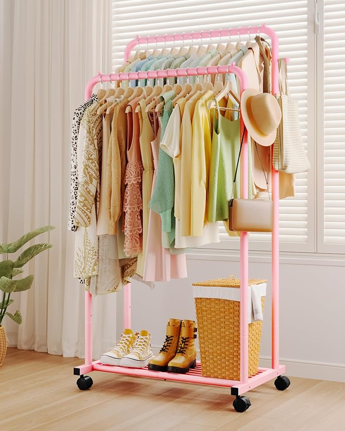 Clothes Rack - Double Rods Clothing Rack with Mesh Shelf, Hooks & Wheels, Metal Clothing Racks for Hanging Clothes & Bags, Multifunctional Garment Rack for Laundry, Pink, 28.7" x 16.5" x 59.1"