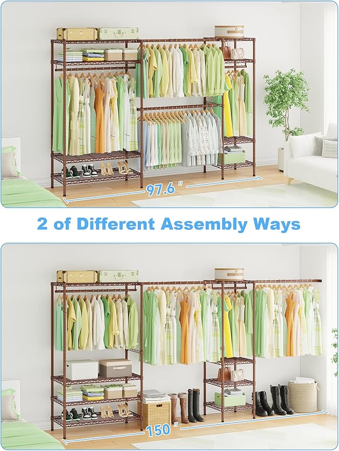 Ulif E11 Heavy-Duty Garment Rack, Metal Freestanding Clothes Rack and Closet Storage Organizer System with 8 Shelves and 4 Hanger Rods, (73.2-97.6)" W x 14.5" D x 71.2" H, Load 1034 LBS, Bronze