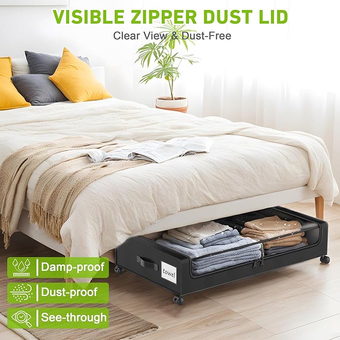 Under Bed Storage with Wheels, 4-Pack Under the Bed Storage Containers with Clear Lids & Label, Underbed Storage Bins, XXL 60L Rolling Metal Drawer for Clothes, Shoes, Toys, Books - Black