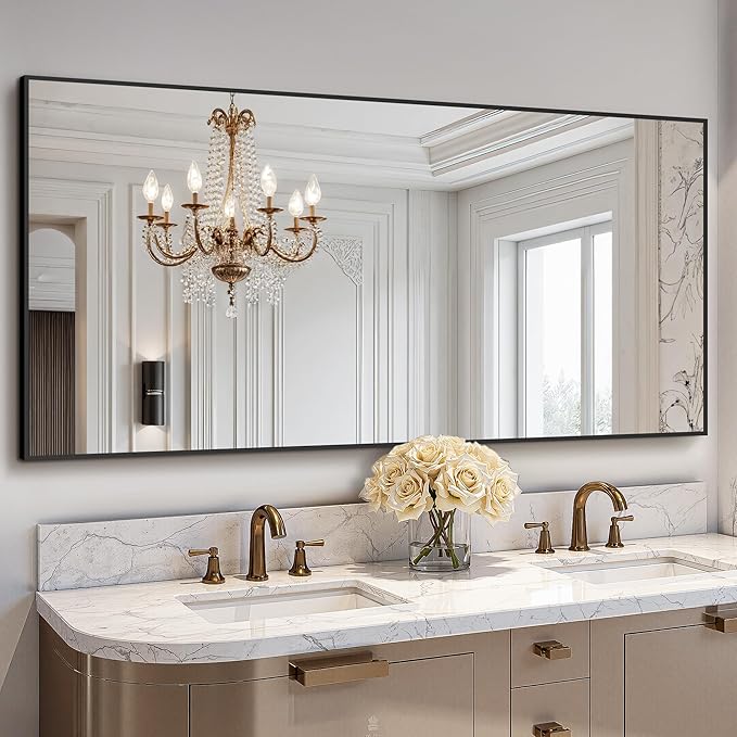 TRAHOME Bathroom Vanity Mirror for Wall, 60" x 36" Metal Framed Rectangular Bathroom Wall Mirror for Over Sink, HD Shatterproof Glass, Hangs Horizontally or Vertically(Black)