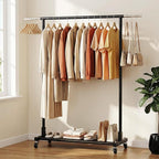 Luxspire Clothes Rack with Lockable Wheels, Simple Clothing Garment Rack with Storage Shelves, Hanging Racks for Clothes with Single Rods for Laundry Room, Balcony, Bedroom, Bathroom, Black