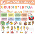 Retro Summer Beach Bulletin Board Set Groovy Hawaii Beach Classroom Decorations Cruisin' Into A Healthy Summer Tropical Classroom Paper Cutouts for Back to School Chalkboard Wall Teacher Supplies
