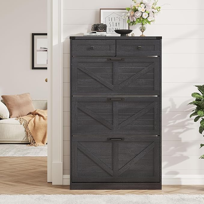 Shoe Cabinet with 3 Flip Drawers & 2 Drawers,Freestanding Shoe Storage Cabinet for Entryway,Farmhouse Narrow Slim Organizer Rack for Foyer,Hallway,Black