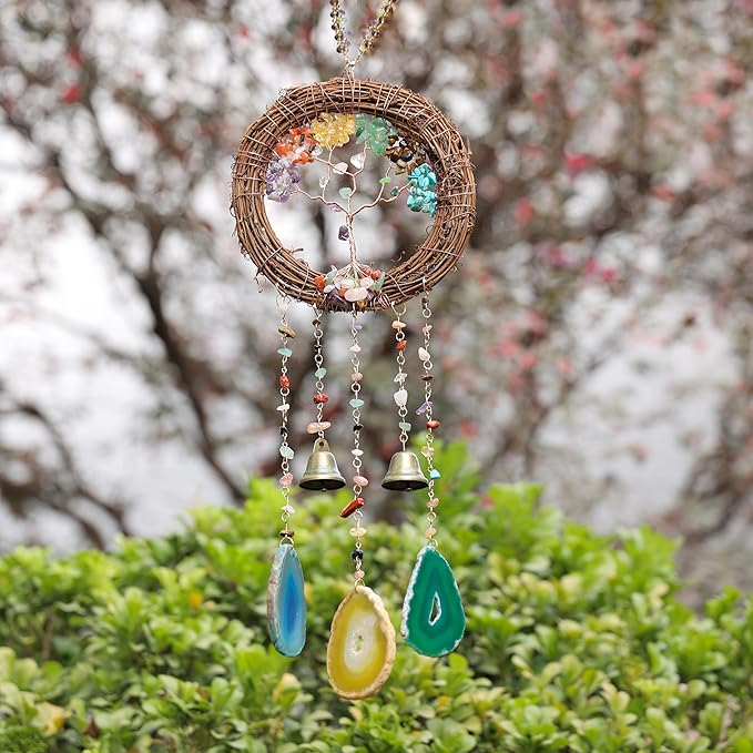 Handmade Natural Rattan Dream Catcher with Gemstones, Wind Chimes & 6-Color Life Tree–Boho Wall Hanging Decor for Home, Bedroom, Garden–Unique Gift for Housewarming, Birthday, Christmas