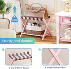 SMIBUY Luggage Rack, Set of 2, Foldable Bamboo Suitcase Stand with Storage Shelf for Guest Room, Bedroom, Hotel, Heavy-Duty (Pink)