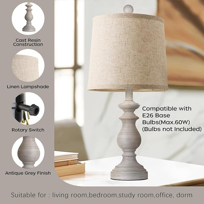 PARTPHONER Traditional Table Lamp Set of 2, Rustic Farmhouse Table Lamps for Living Room Bedroom, 22" Bedside Desk Lamps Vintage Nightstand Lamps with Linen Shades, Antique Grey