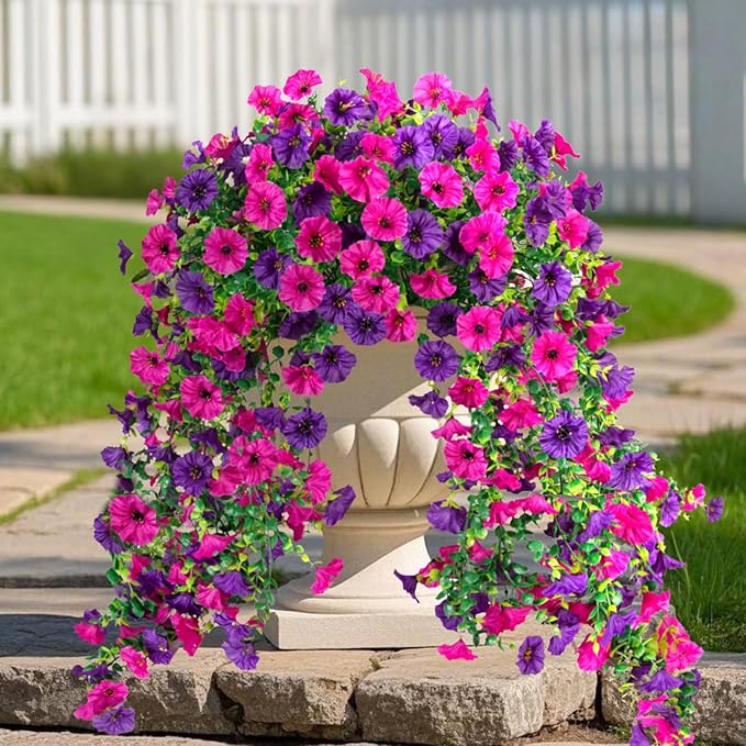 Fake Artificial Hanging Flowers for Outdoor, 2 PCS Silk Morning Glory Faux Flowers with Eucalyptus Leaves,Realistic Hanging Plants for Wedding Home Office Garden Decor