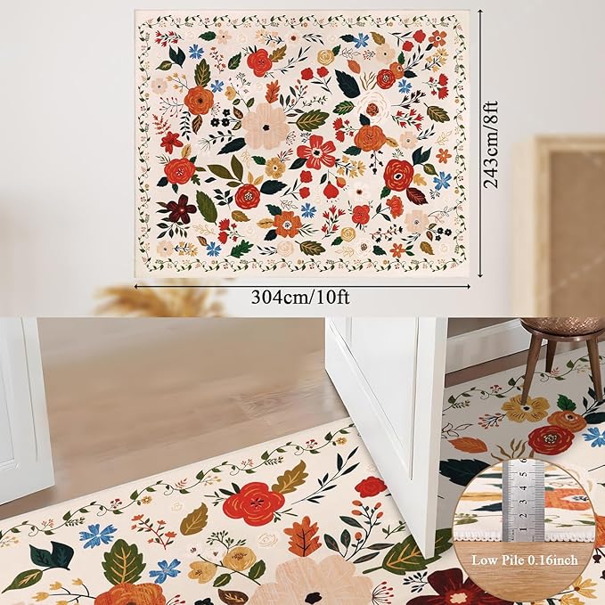 U'Artlines 8x10ft Colorful Floral Area Rug, Machine Washable Ultra Soft Low Pile Non Slip Non Shedding Accent Floor Carpet for Living Room, Bedroom, Dining Room, Office (Beige)