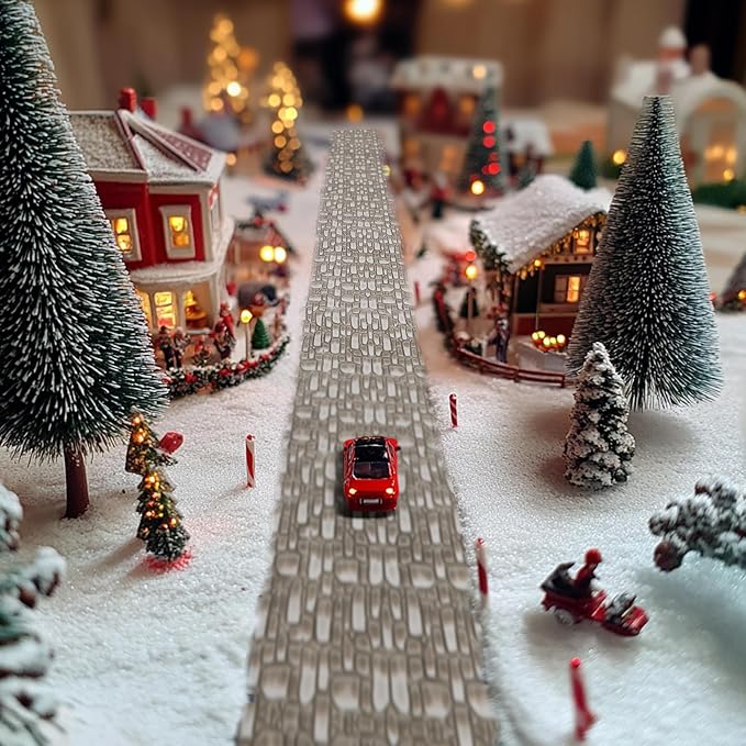 Iceyyyy 4 Pcs Christmas Village Cobblestone Road-39 x 3.5 Inch Cuttable Christmas Village Landscape Road-Miniature Xmas Villages Accessories for DIY Home Garden Street Landscape Decorations