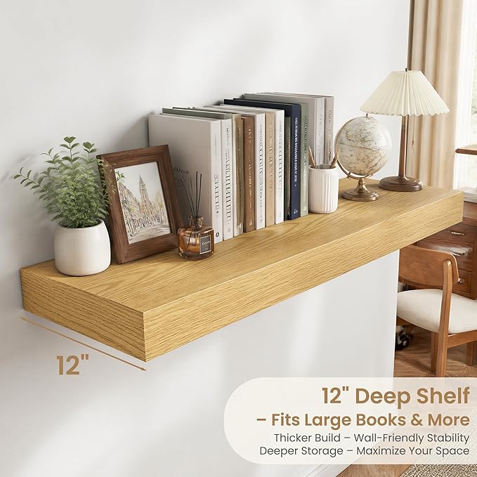 FLYJOE 55 Inch Long Floating Shelves for Wall Set of 1, 12" D Wood Grain Bathroom Shelves with Invisible Brackets, Easy Install Engineered Wood Storage Shelves for Kitchen, Living Room, Bedroom