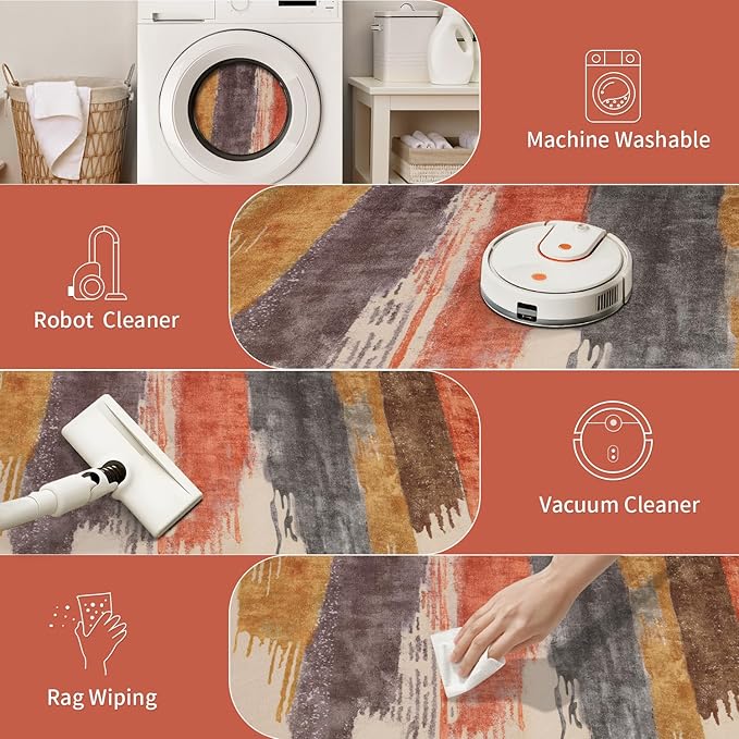 Ciicool Modern Abstract Rug for Living Room, 5'x7' Machine Washable Area Rug Non-Slip Rug, Low-Pile Contemporary Indoor Dining Floor Carpet for Bedroom Office Under Table Home Decor Red Yellow Gray