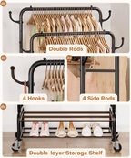Homde Heavy Duty Clothes Rack: 265lb Rolling Double Rod Garment Hanging - Metal Coat Organizer Storage Display Shelf on Wheels for Bedroom Laundry