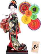 ALAMIYA Home Decoration Asian Japanese Geisha Kimono Doll Collectible Figurine Gift with Paper Fan