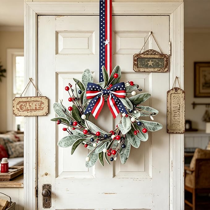 4 PCS Patriotic 4th of July Hanging Wreaths for Cabinets Small Independence Day Wreaths for Front Door with Red White Blue Berries & Lamb's Leaves Memorial Day Labor Day Mini Wreath for Home Decor