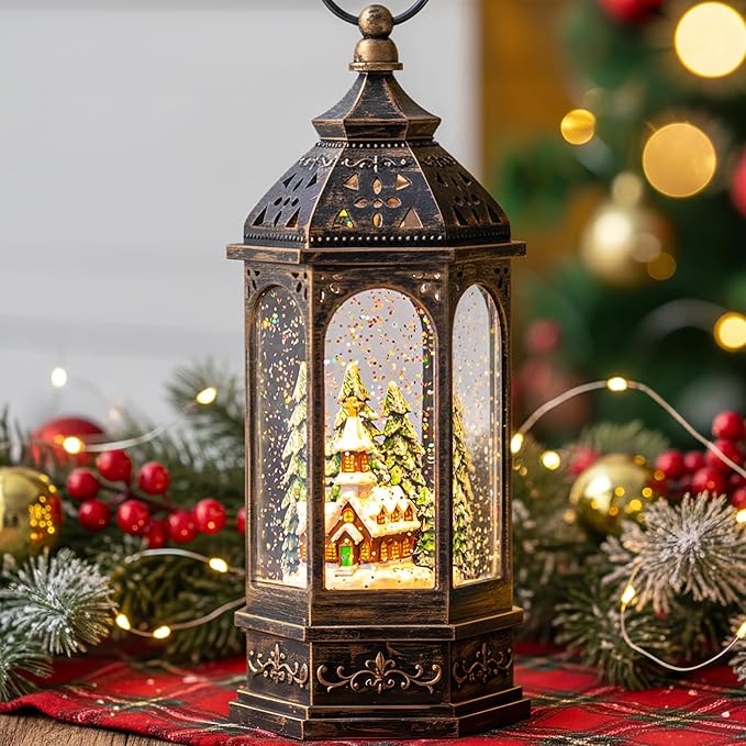 Christmas Snow Globe Lantern Lighted Holiday Village Church with Music& Timer, USB Lined/Battery Operated Lighted Lantern for Christmas Festival Decoration Gifts