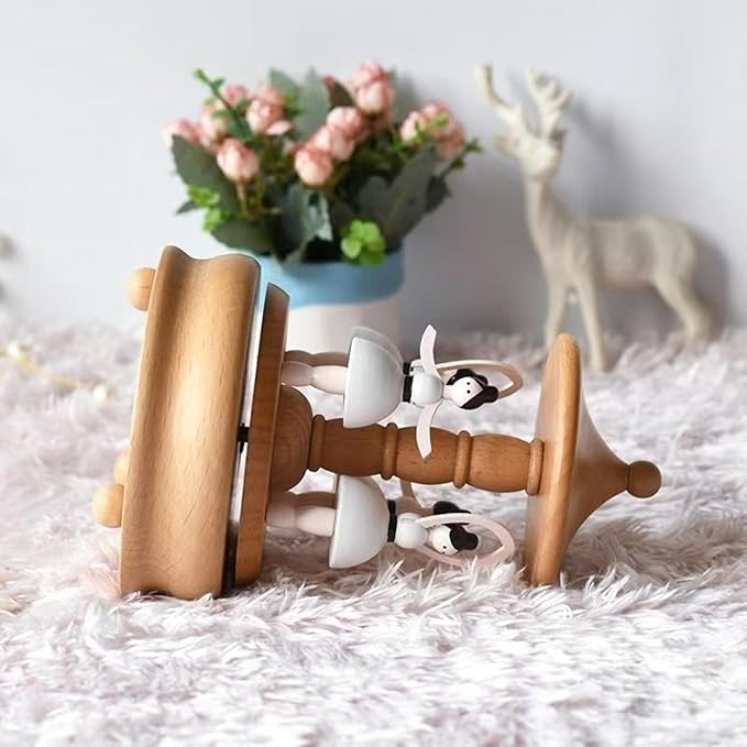Natural Solid Wood Handcrafted Beech Wooden, Musical FigureTotoro/Carousel/Fairy/Ballerina Figurine,Rotating Hand Crank Mechanism Music Box,Musical Decorations (Ballet Dancers)