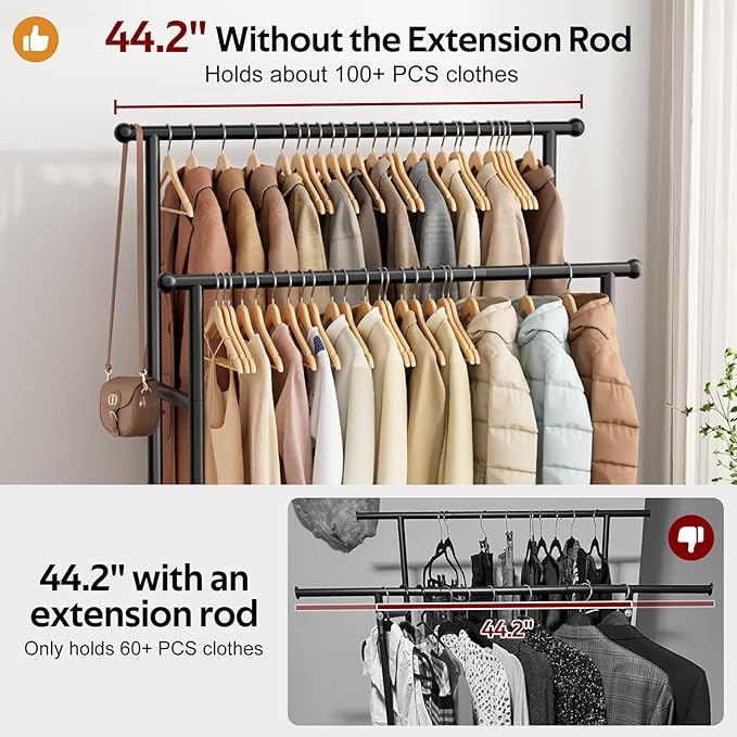 MISSLO Double Rods Garment Rack Heavy Duty Clothing Rack for Hanging Clothes Portable Clothes Organizer for Bedroom, Living Room, Clothing Store (Matte Black)