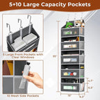 5-Tier Over The Door Storage Organizer with 10 Side Mesh Pockets, 48 lbs Load Capacity, 3 Hooks Design, Door Hanging Organizer with Clear Windows for Bathroom, Bedroom, Nursery, Kitchen-Grey