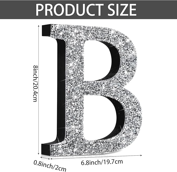 Qunclay 8'' Silver Crystal Diamond Bling Letters Crushed Diamond Decoration Wooden Glitter Letter with Screw and Hooks Rhinestone Gift for Wedding Y2k Mcbling Bedroom Wall Decor (Letter B)