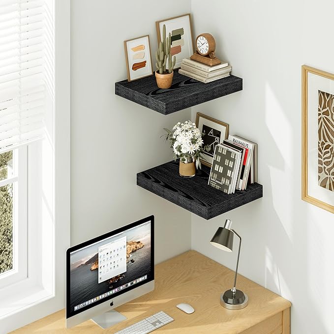 Vivelove Black Floating Shelves 16 Inches Wide, 12" Deep Wall Shelves for Bedroom, Bathroom, Living Room, Kitchen, Office, Rustic Home Decor Shelf with Invisible Brackets, 15.7X12X1.5, Set of 2
