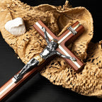 KUXBET Standing Crucifix Cross with Detachable Stand 10.6 Inch Catholic Wooden Jesus Christ Wall Hanging Cross for Home Decor - Antique Gold (10.6" L x 5.2" W)